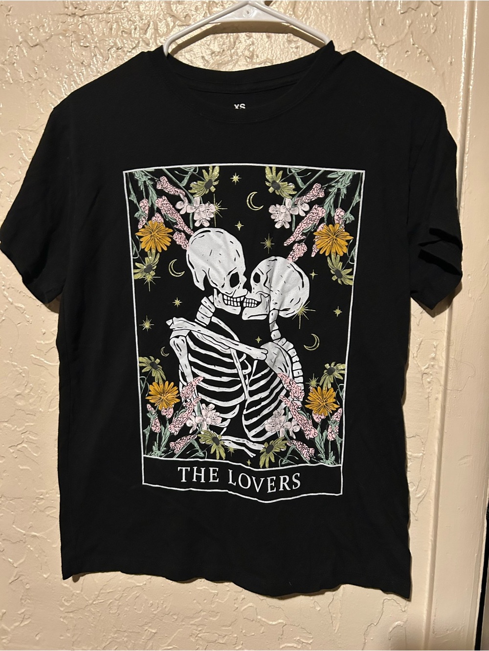 The Lovers Black Graphic Tee - Floral Skeleton Embrace
